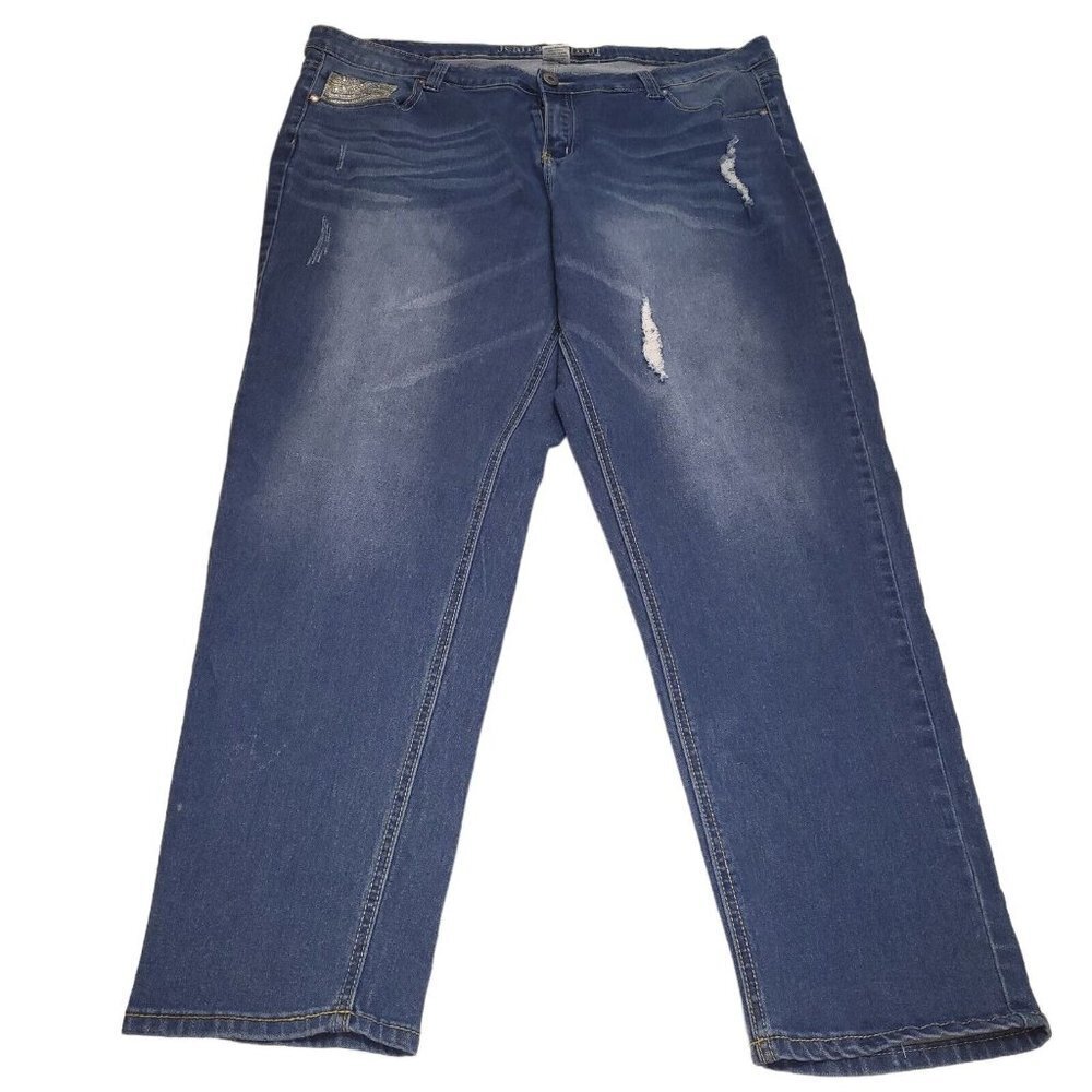 Jean's Denim Blue Embroidered Distressed Straight Jeans Size 20W